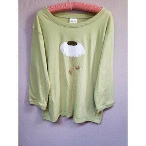 New Lauriejo Designs Womens Medium Handpainted Sunflower Top 3/4 Sleeve Lime USA